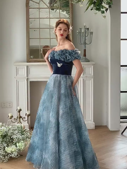 Enchanting Off-Shoulder Blue Tulle Ball Gown with Ruffled Bodice