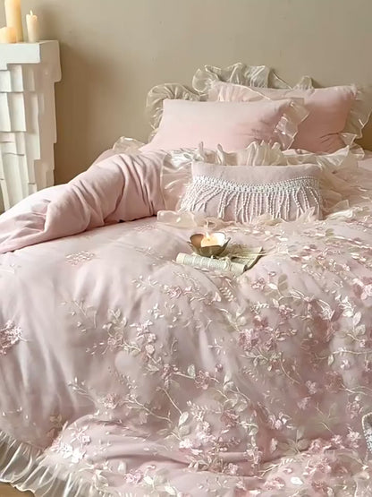 French Romantic Heavy-Duty Four-Piece Warm Double-Sided Coral Fleece Bed Set