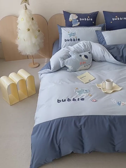 Set da letto in puro cotone lavato in quattro pezzi con simpatico squalo bolla