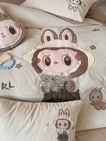 Cool Bear Cartoon Coral Fleece Warm Double-Sided Thick Four-Piece Bed Set