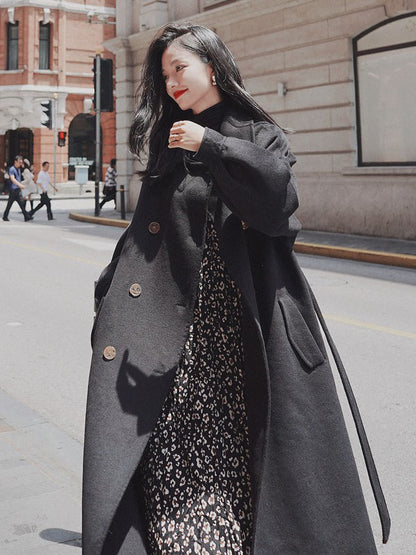 Black Hepburn Style Winter Loose Woolen Women's Coat