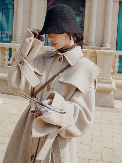 Mid-Length Loose Hepburn Style Woolen Women's Coat - Harmony Gallery