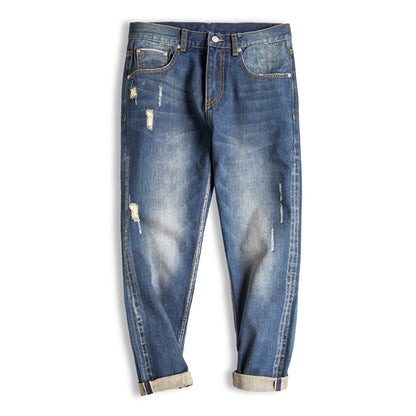 Tooling Retro Washed Ripped Slim-Fit Nine-Point Men's Jeans - Harmony Gallery