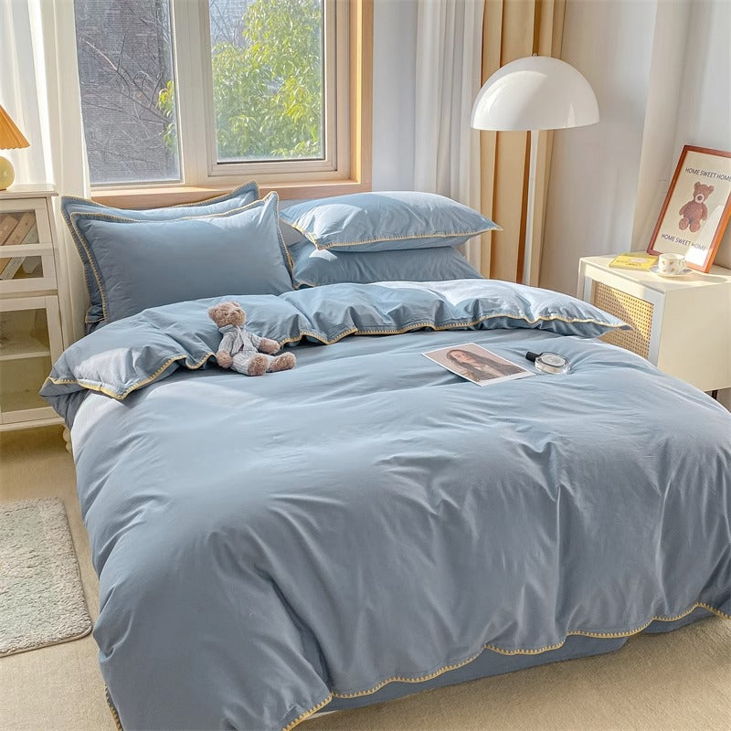 Spring & Summer Washed Cotton Needle Edge Four-Piece Pure Cotton Bed Set