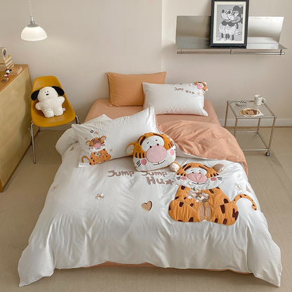 Cute Cartoon Happy Tigger Washed Cotton Four-Piece Bed Set