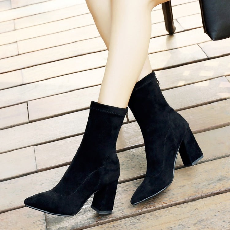 High Thick Heel Mid-Length Stretch Suede Women's Boots