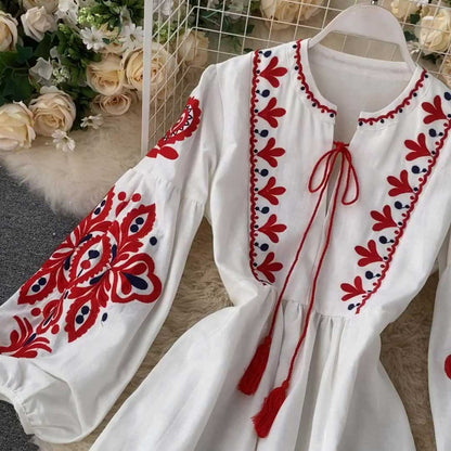 Bohemian Ethnic Style Embroidery Lantern Sleeve Women's Dress - Harmony Gallery