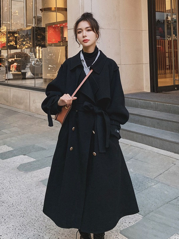 Black Mid-Length Hepburn Style Woolen Women's Coat - Harmony Gallery