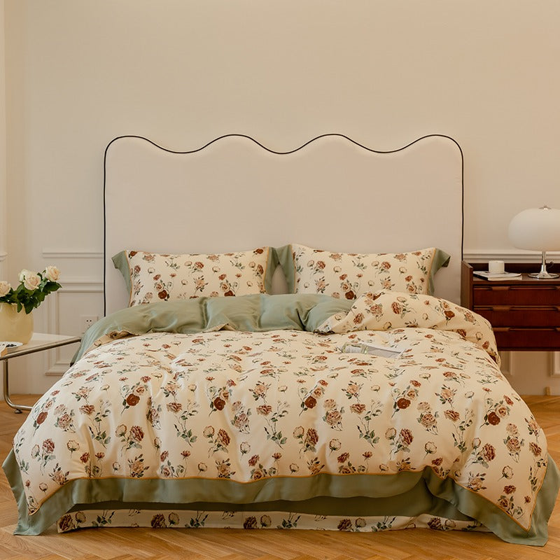 Light Luxury French Rose Four-Piece Silk Bed Set