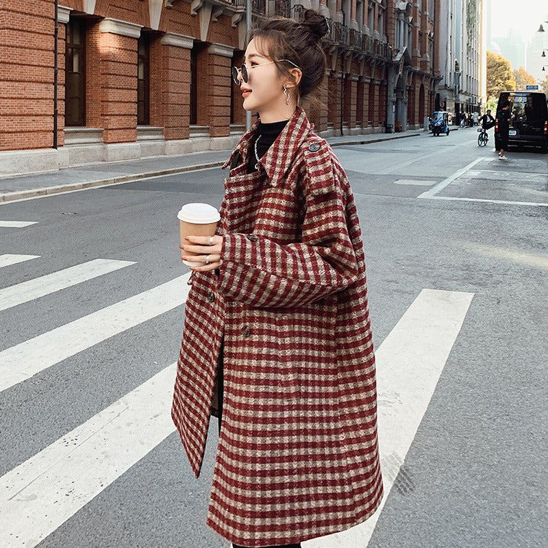 Plaid All-Match Loose Mid-Length Woolen Women's Coat - Harmony Gallery