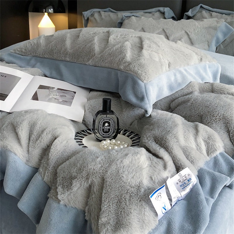 Winter Rabbit Plush Four-Piece Velvet Warm Flannel Bed Set