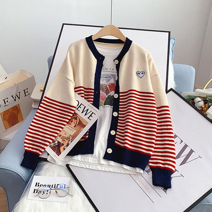 College Style Striped Knitted All-Match women's Cardigan