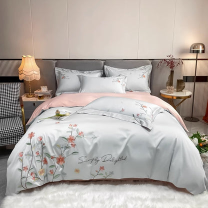 Spring & Summer Four-Piece Light Luxury Flower Embroidery Bed Set