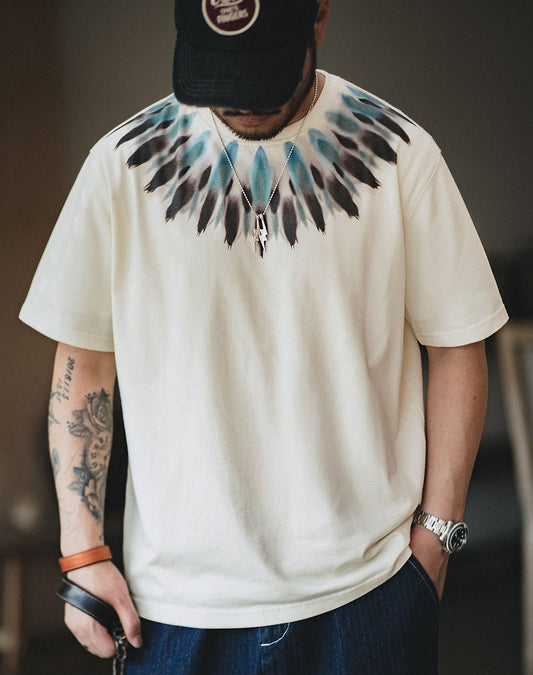 American Retro Feather Print  Loose Ethnic Men's T-Shirt - Harmony Gallery