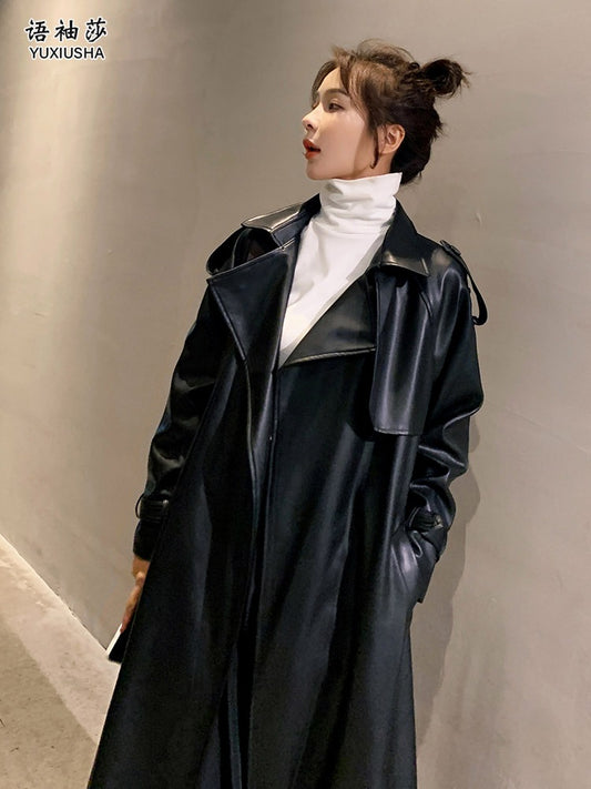 Black PU Leather Mid-Length Fashion Women's Jacket