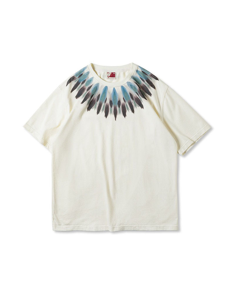 American Retro Feather Print  Loose Ethnic Men's T-Shirt - Harmony Gallery