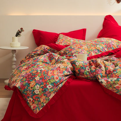 French Retro Floral Washed Cotton Four-Piece Bed Set