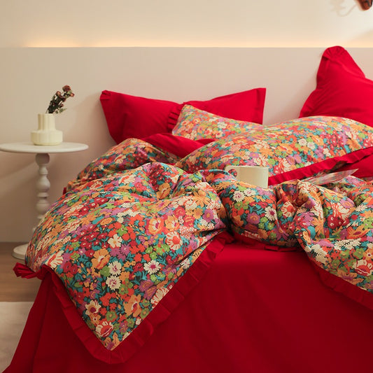 French Retro Floral Washed Cotton Four-Piece Bed Set - Harmony Gallery