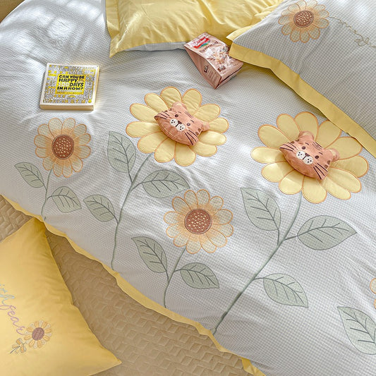 Fresh Sunflower Washed Cotton Four-Piece Cartoon Bed Set - Harmony Gallery