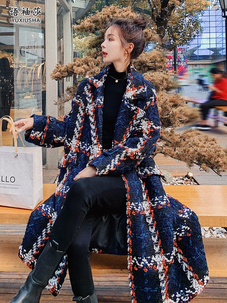 Loose plaid Tweed Woolen Mid-Length Women's Coat - Harmony Gallery