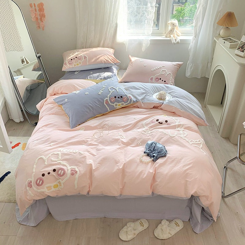 Cute Bunny Cotton Washed Cotton Four-Piece Cartoon Bed Set - Harmony Gallery