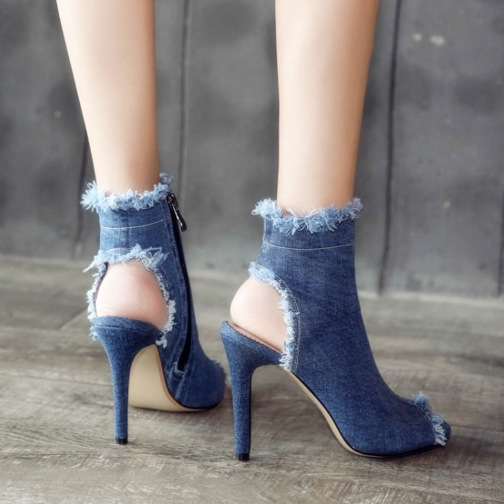 Women's Denim Cut Out Ankle Boots Sexy Stiletto High Heels Peep Toe Casual  Shoes | eBay