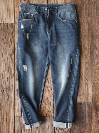 Tooling Retro Washed Ripped Slim-Fit Nine-Point Men's Jeans - Harmony Gallery