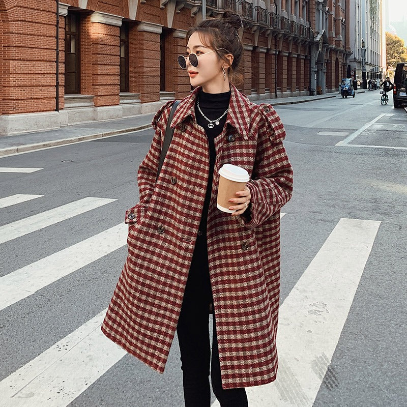 Plaid All-Match Loose Mid-Length Woolen Women's Coat - Harmony Gallery