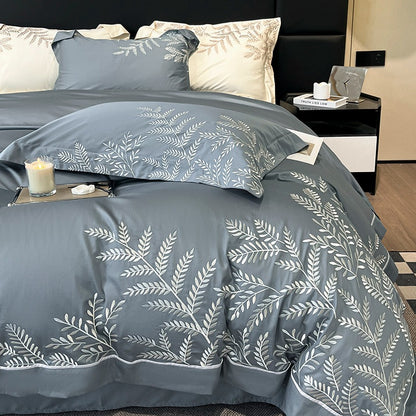 Long-Staple Embroidery Four-Piece Wide-Edged Solid Color Bed Set