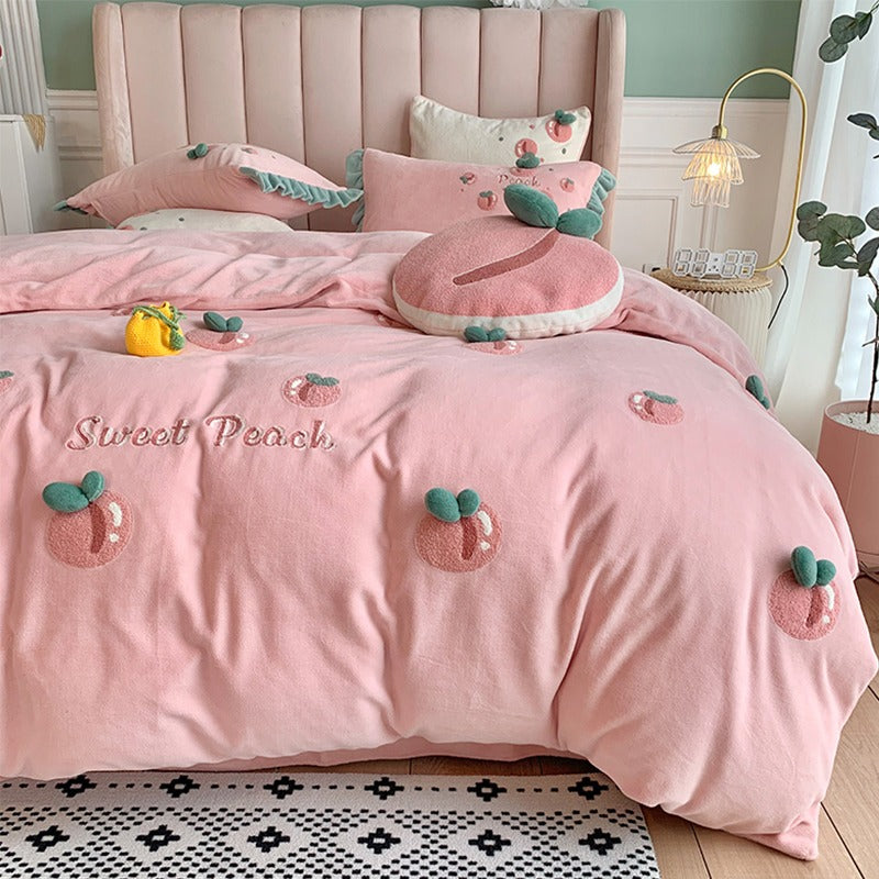 Peach Girl Velvet Four-Piece Double-Sided Coral Flannel Bed Set - Harmony Gallery