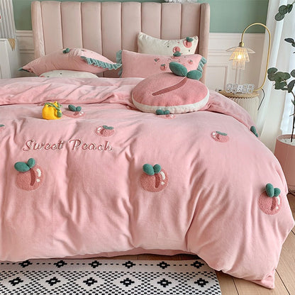Peach Girl Velvet Four-Piece Double-Sided Coral Flannel Bed Set