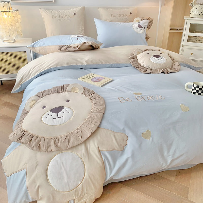 Little Lion Cartoon Washed Cotton Five-Piece Bed Set