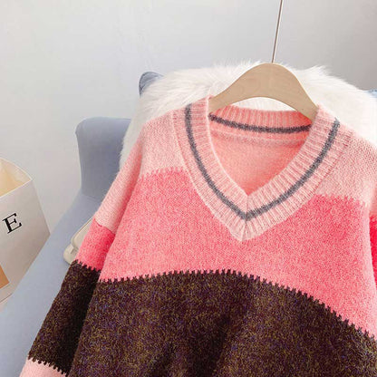 Mohair Contrast Color Loose Outer Wear Gentle Women's Sweater