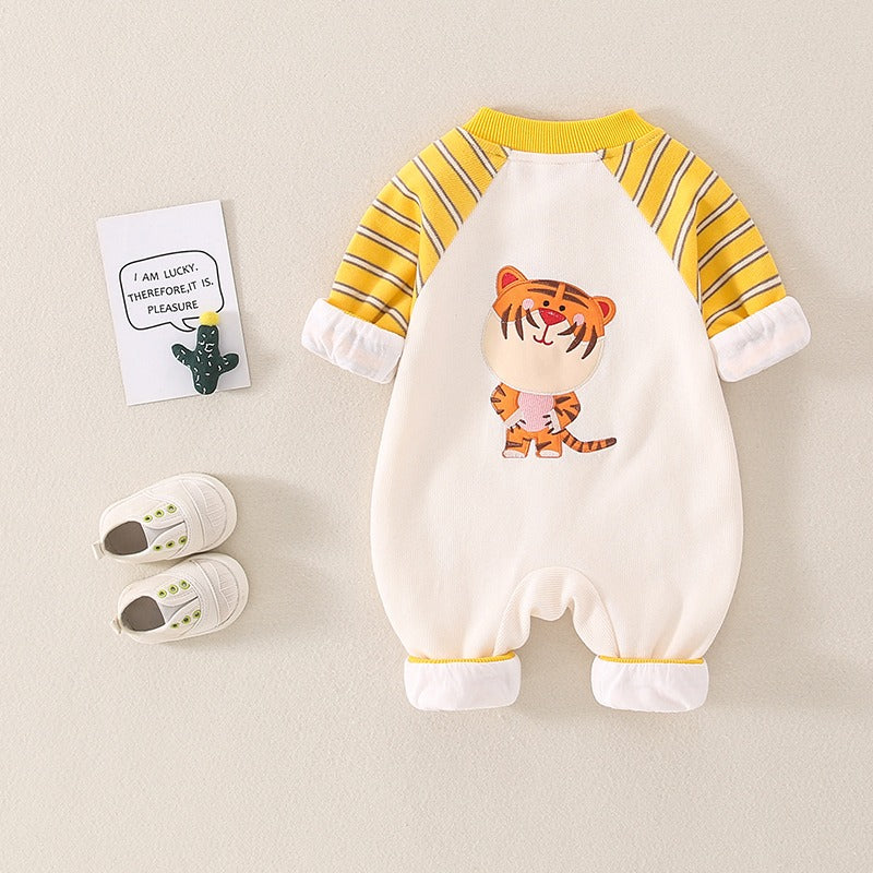 Tiny Tiger Striped Sleeve Baby Romper in Yellow and Orange