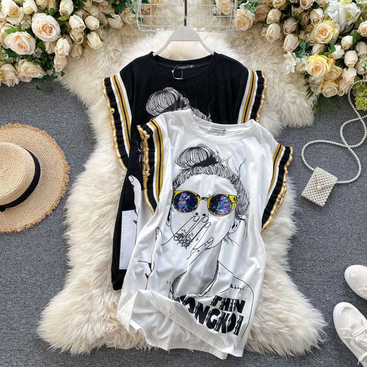 Ghost Horse Girl Character Print Sequined Glasses Summer Top