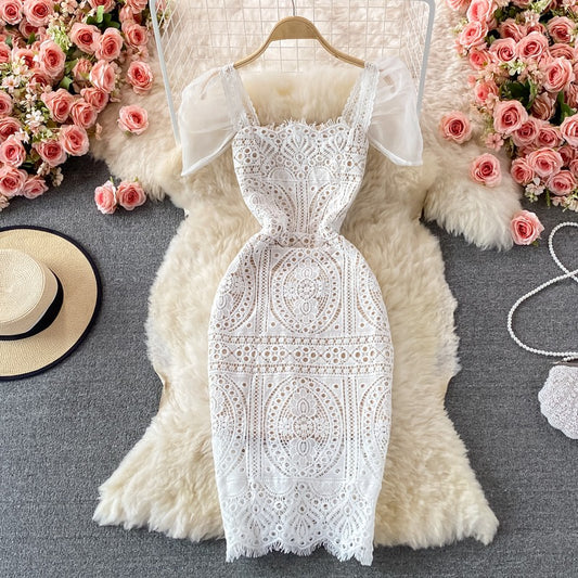 Square Neck Puff Sleeves Slim High-End Lace Women's Dress