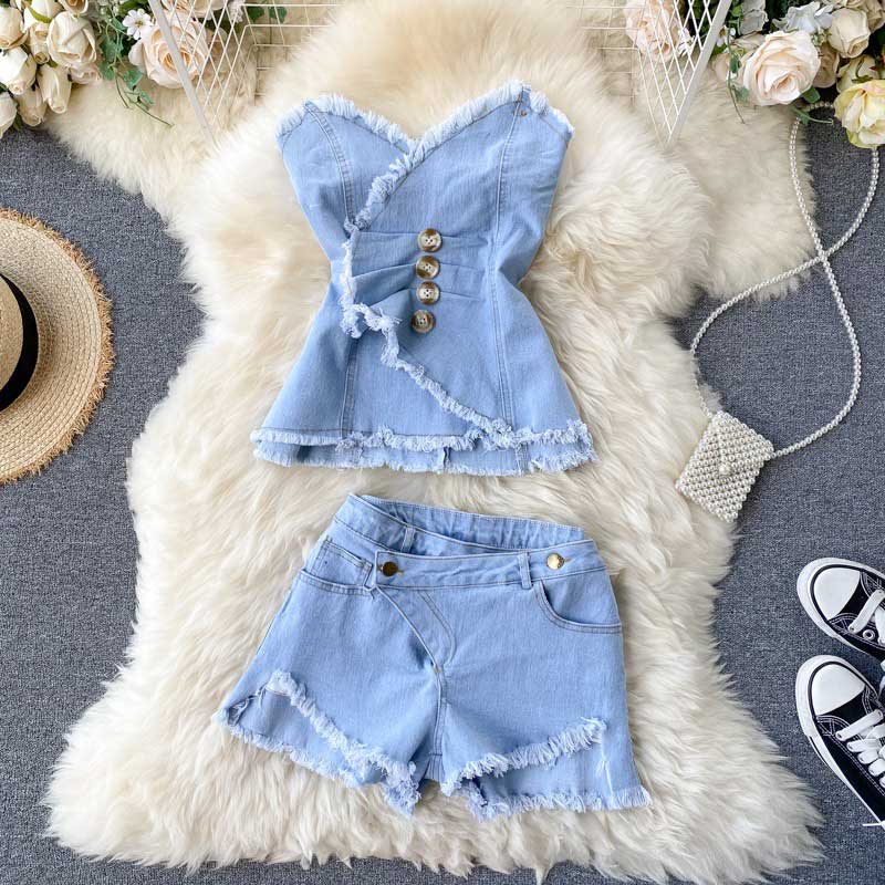 Scheming Pleated Fringed Two Piece Denim Women's Suit