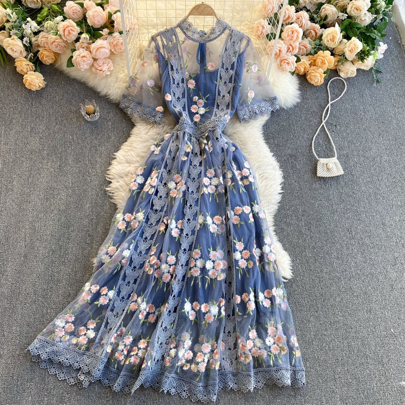 Fairy Gentle Embroidery Mesh Crochet High-End Women's Dress