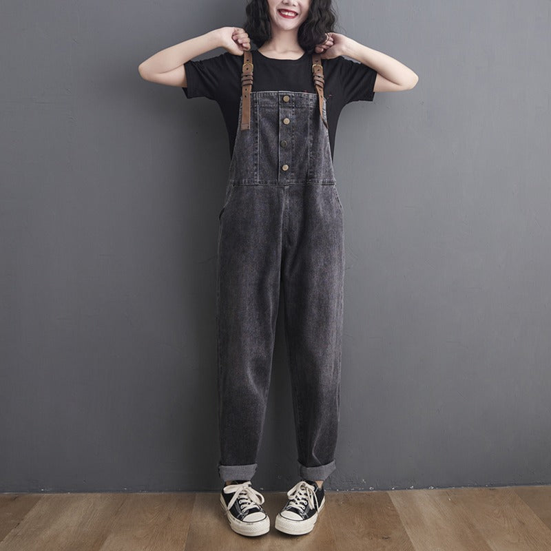 Button Washed Jeans Casual Straight Sling Women's Jumpsuits - Harmony Gallery