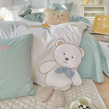 Cute Bow Bear Washed Cotton Five-Piece Cartoon Bed Set