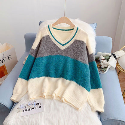 Mohair Contrast Color Loose Outer Wear Gentle Women's Sweater
