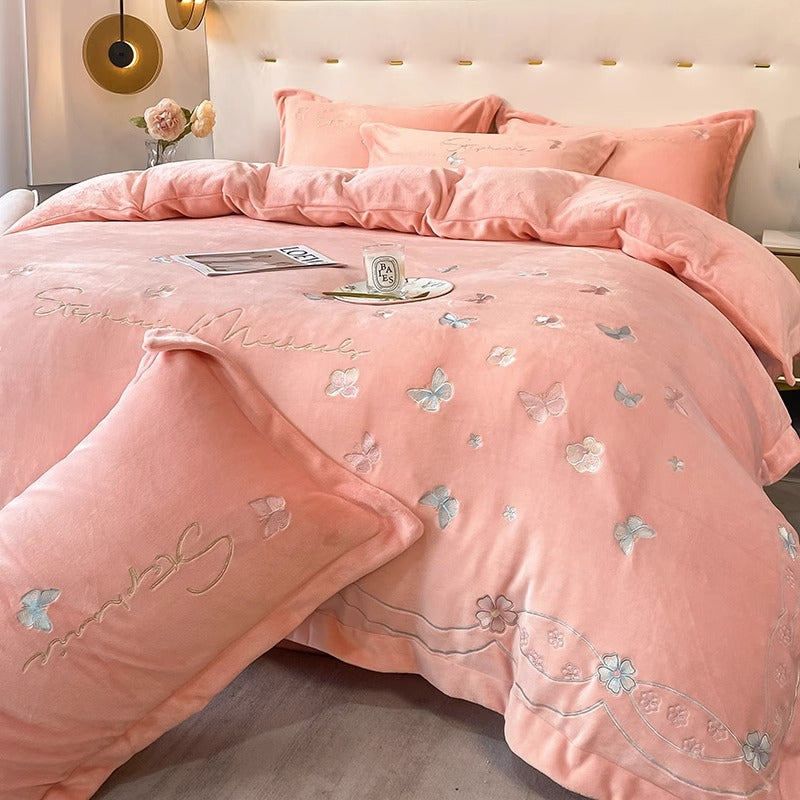 Princess Milk Velvet Four-Piece Winter Embroidery Bed Set