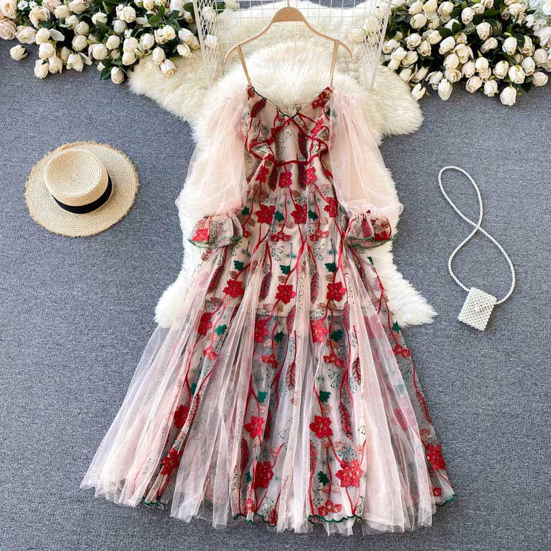 Celebrity High End Mesh Puff Sleeves Embroidery Women's Dress