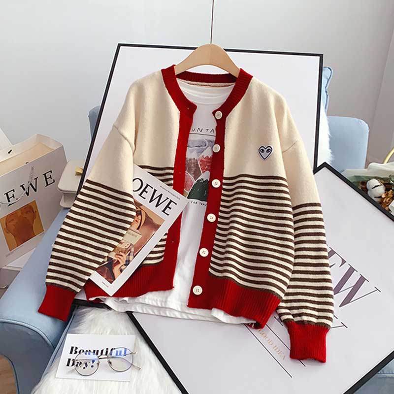 College Style Striped Knitted All-Match women's Cardigan