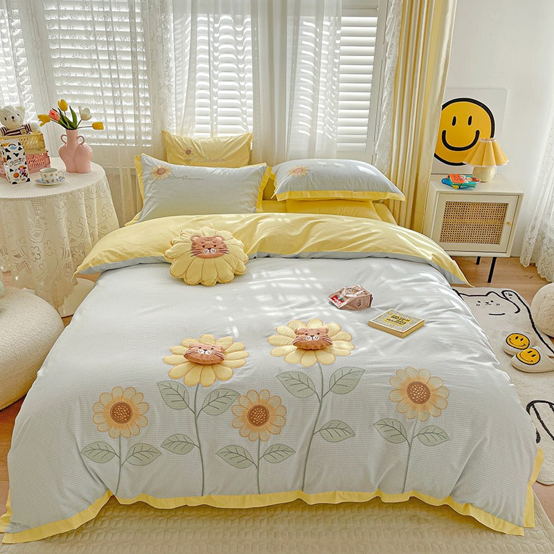 Fresh Sunflower Washed Cotton Four-Piece Cartoon Bed Set - Harmony Gallery