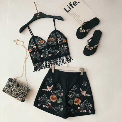 Fashion Embroidered Flower Suspender Two Piece Suit