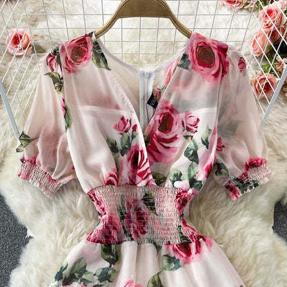 Super Fairy Retro Rose Print Seaside Holiday Elegant Women's Dress