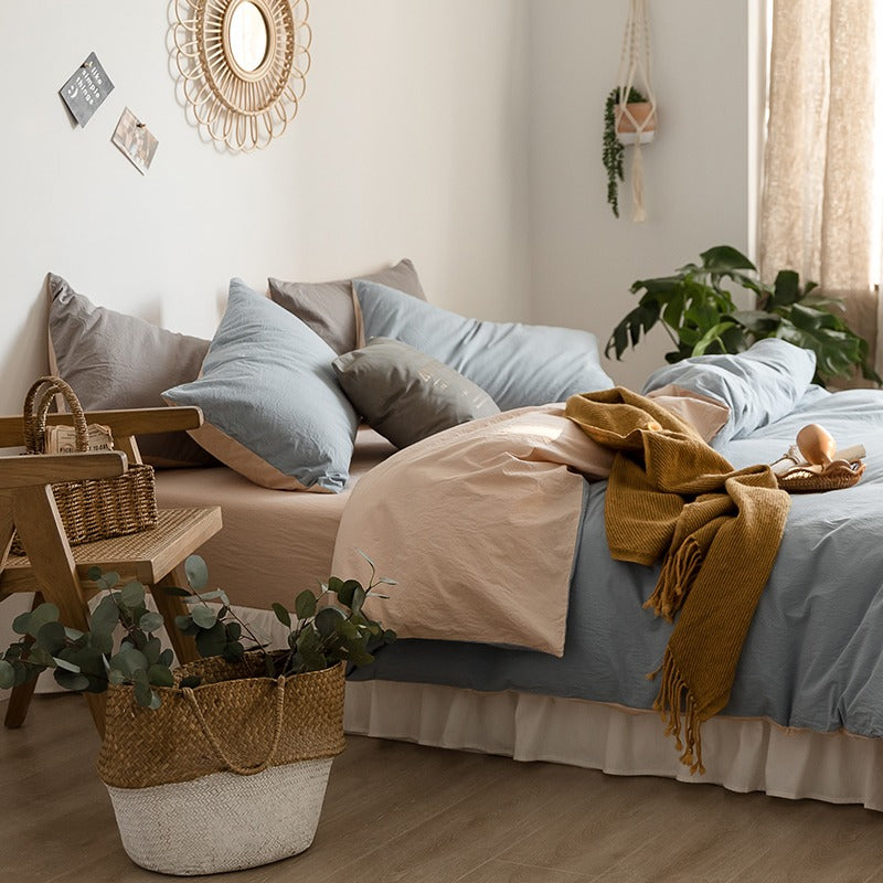 Simple Pure Cotton Nordic Double Color Four-Piece Bed Set