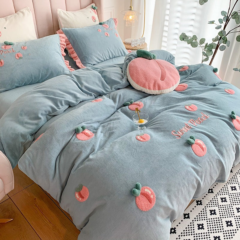 Peach Girl Velvet Four-Piece Double-Sided Coral Flannel Bed Set