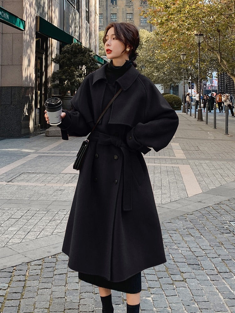 Mid-Length Black Thick Loose Woolen Women's Coat